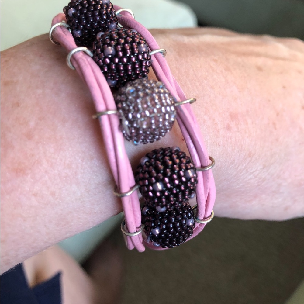 Beaded bracelet, purple & pink, leather Chord
